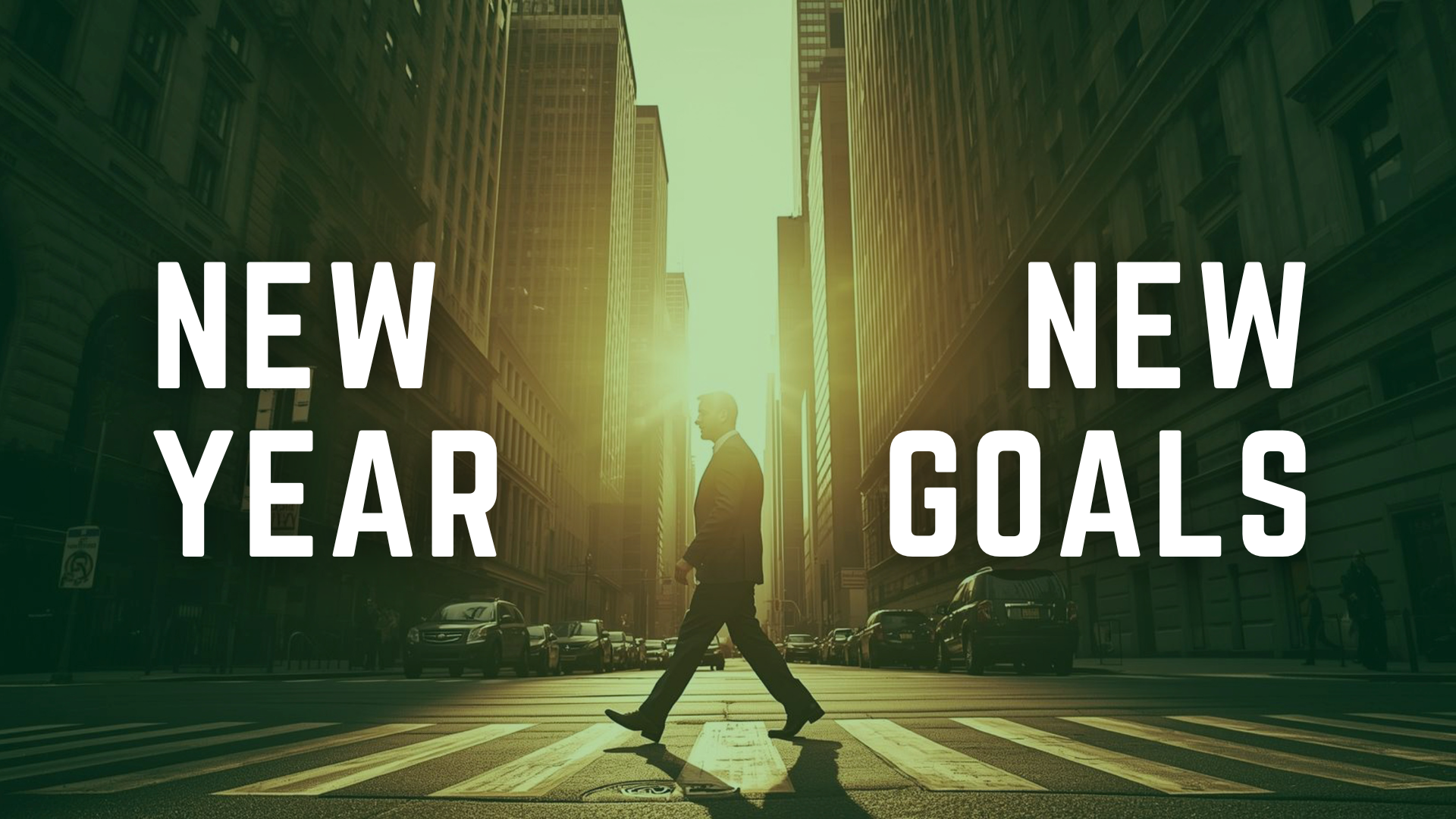 Man crossing road as sun rises in downtown area